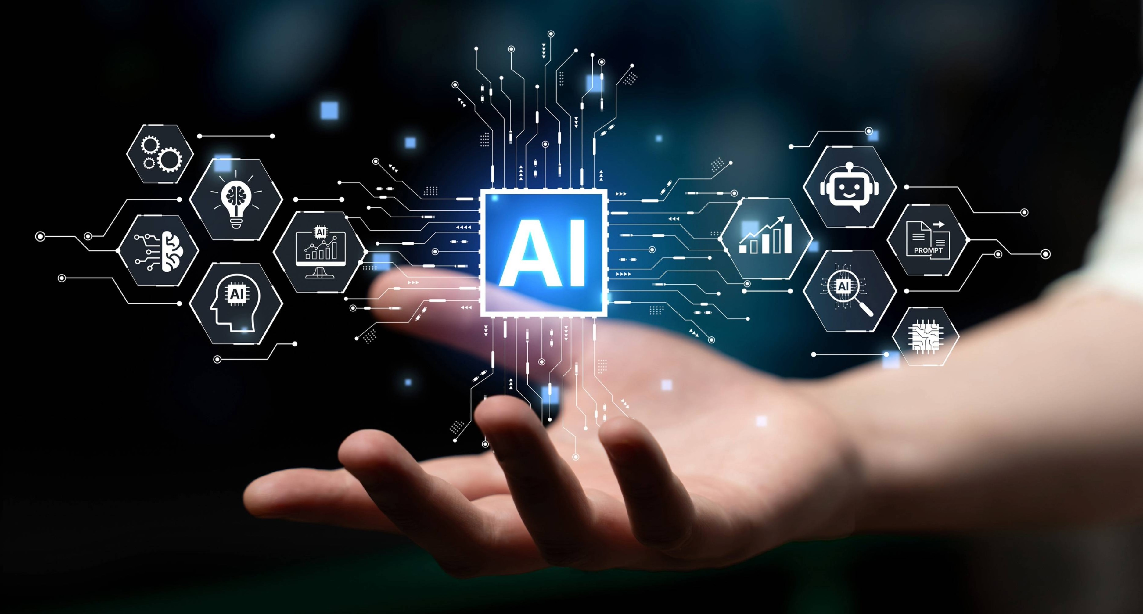 An open human hand hovering below a glowing digital interface that displays a central 'AI' microchip, surrounded by various technological icons connected by circuit lines.